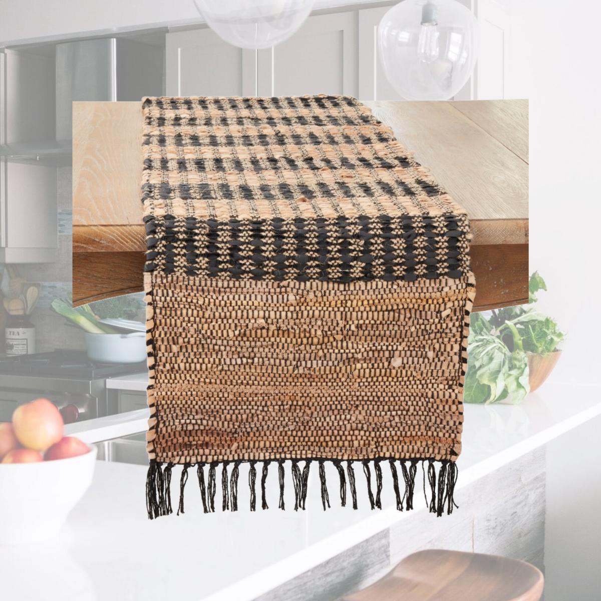 Picture of Saro Lifestyle 687.BN1672B 16 x 72 in. Ethnic Charm Striped Chindi Oblong Table Runner, Black & Natural
