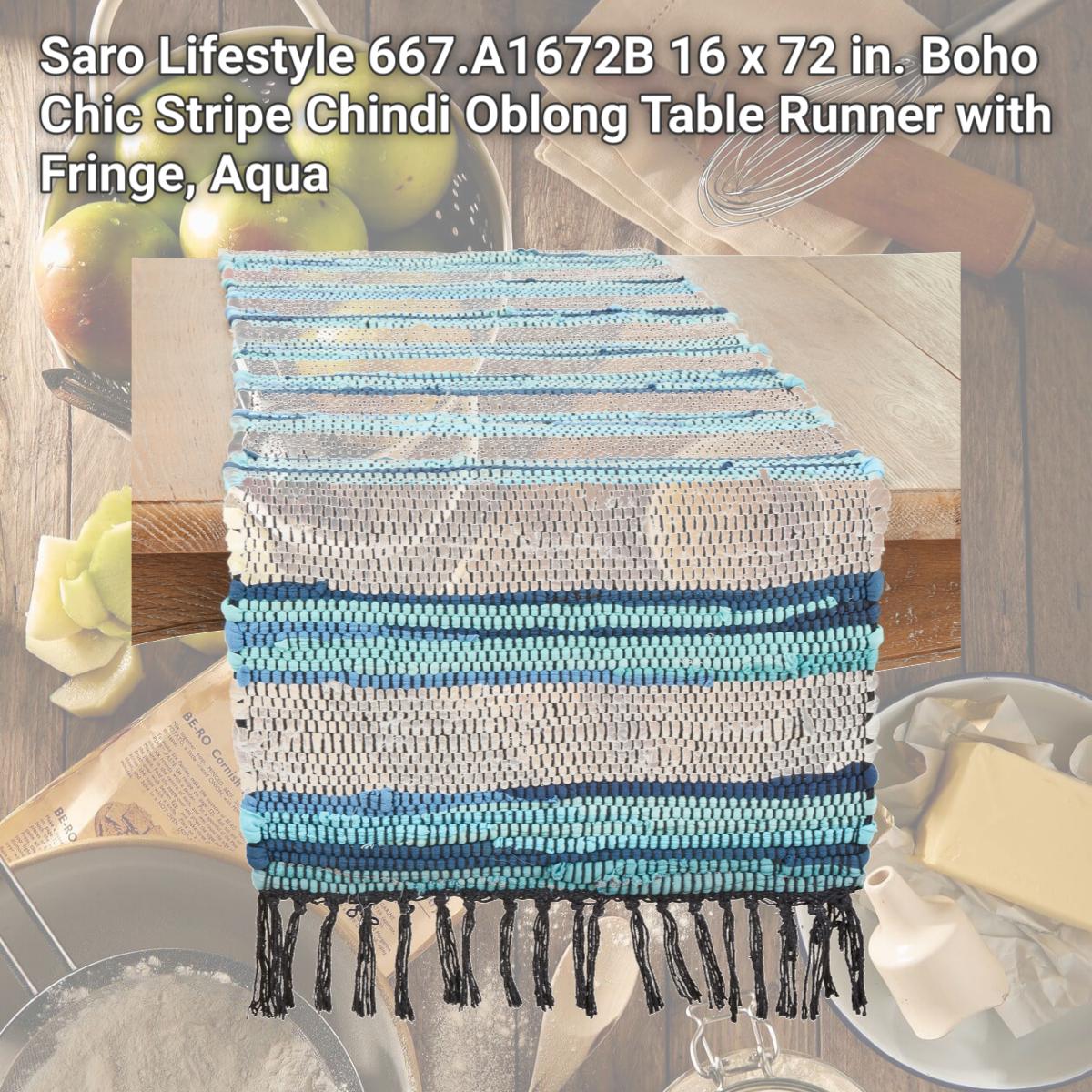Picture of Saro Lifestyle 667.A1672B 16 x 72 in. Boho Chic Stripe Chindi Oblong Table Runner with Fringe, Aqua