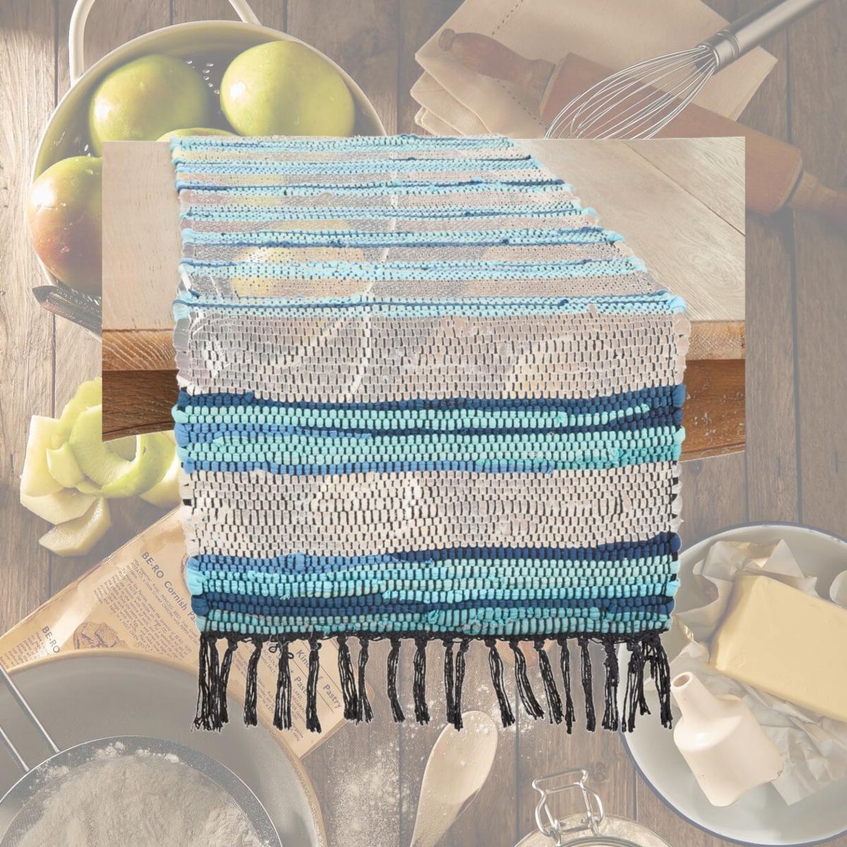 Picture of Saro Lifestyle 667.A1672B 16 x 72 in. Boho Chic Stripe Chindi Oblong Table Runner with Fringe, Aqua