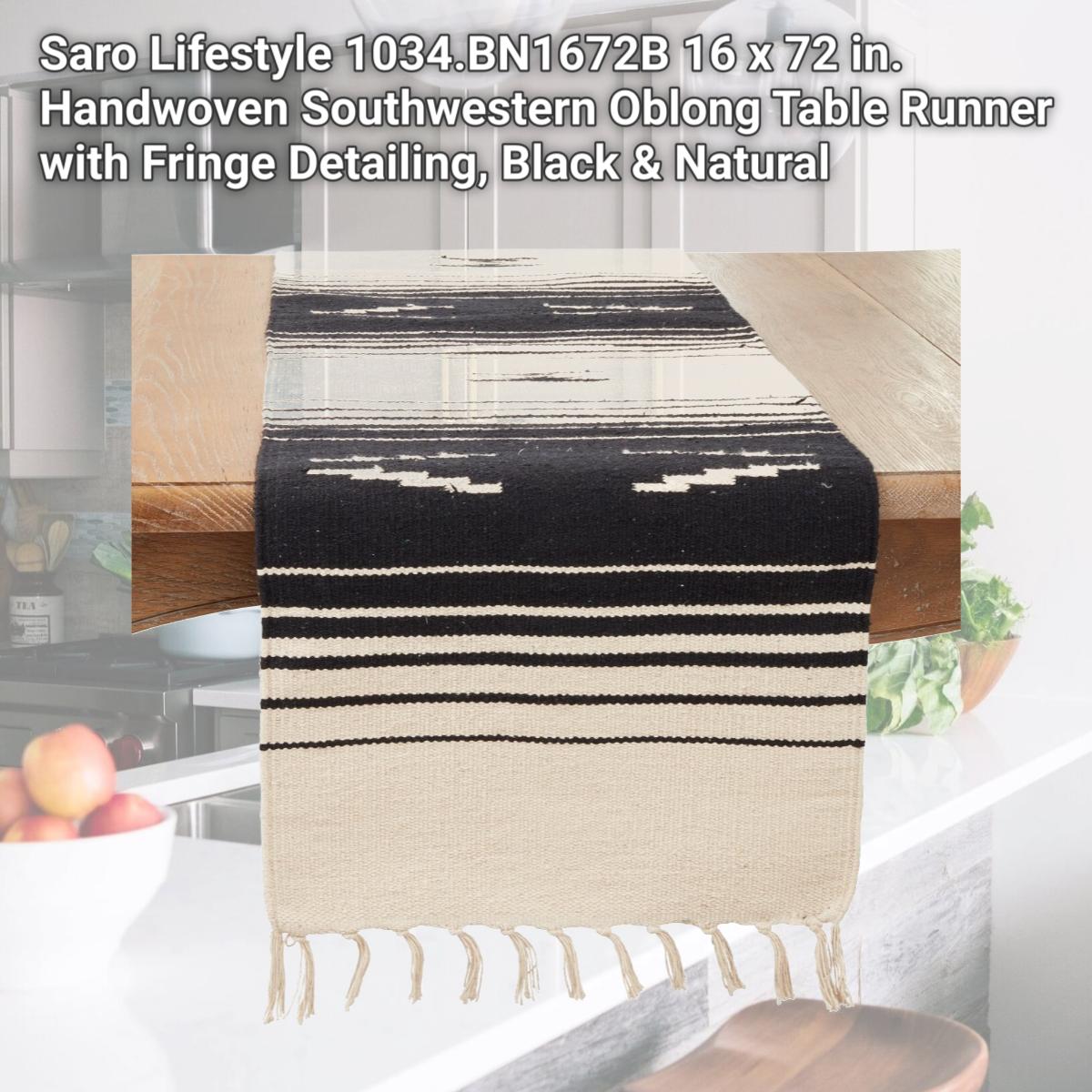Picture of Saro Lifestyle 1034.BN1672B 16 x 72 in. Handwoven Southwestern Oblong Table Runner with Fringe Detailing, Black & Natural