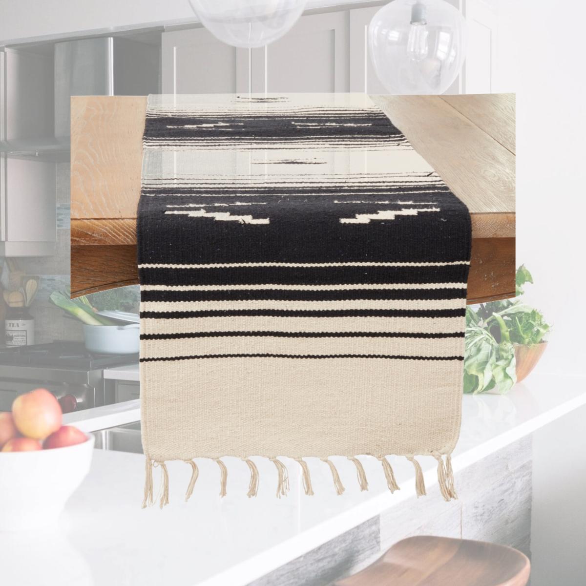 Picture of Saro Lifestyle 1034.BN1672B 16 x 72 in. Handwoven Southwestern Oblong Table Runner with Fringe Detailing, Black & Natural