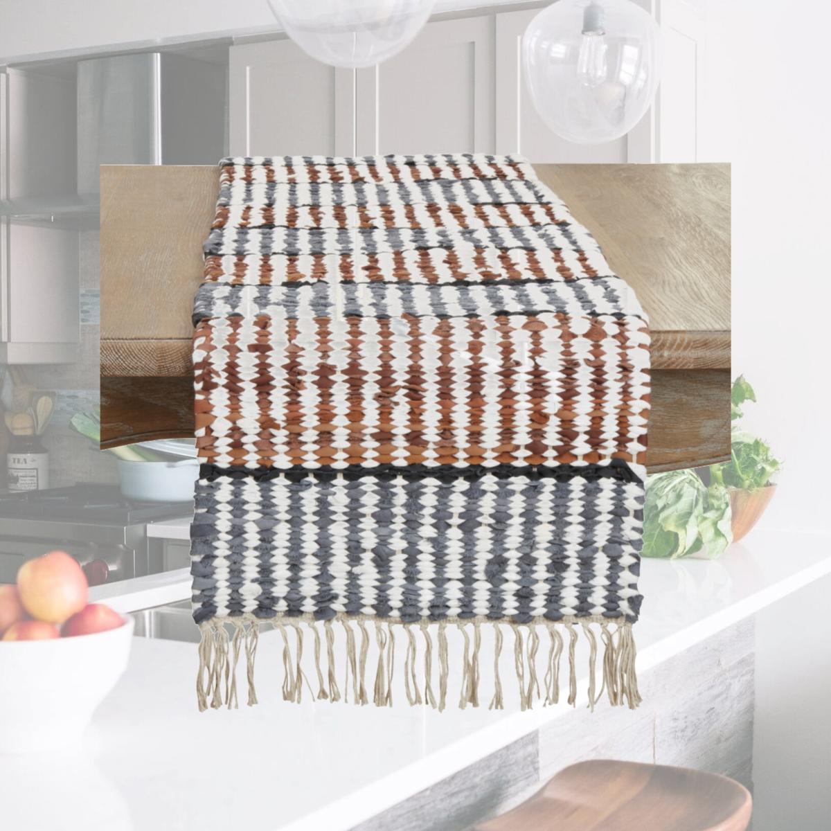 Picture of Saro Lifestyle 8870.M1672B 16 x 72 in. Leather Chindi Stripe Fringed Table Runner, Multi Color