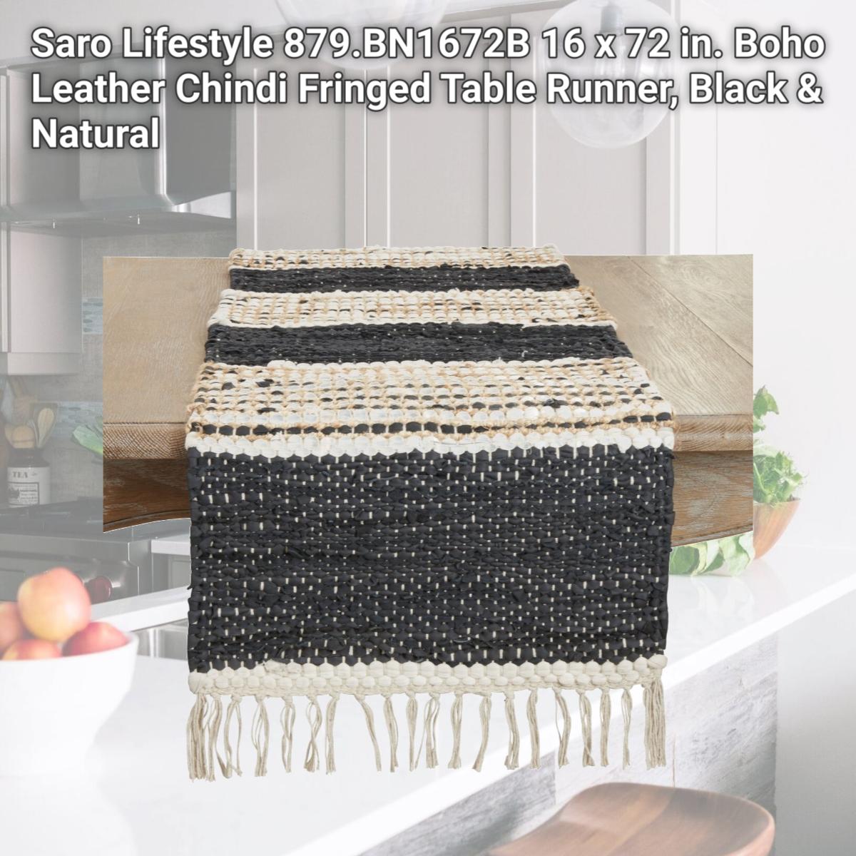 Picture of Saro Lifestyle 879.BN1672B 16 x 72 in. Boho Leather Chindi Fringed Table Runner, Black & Natural