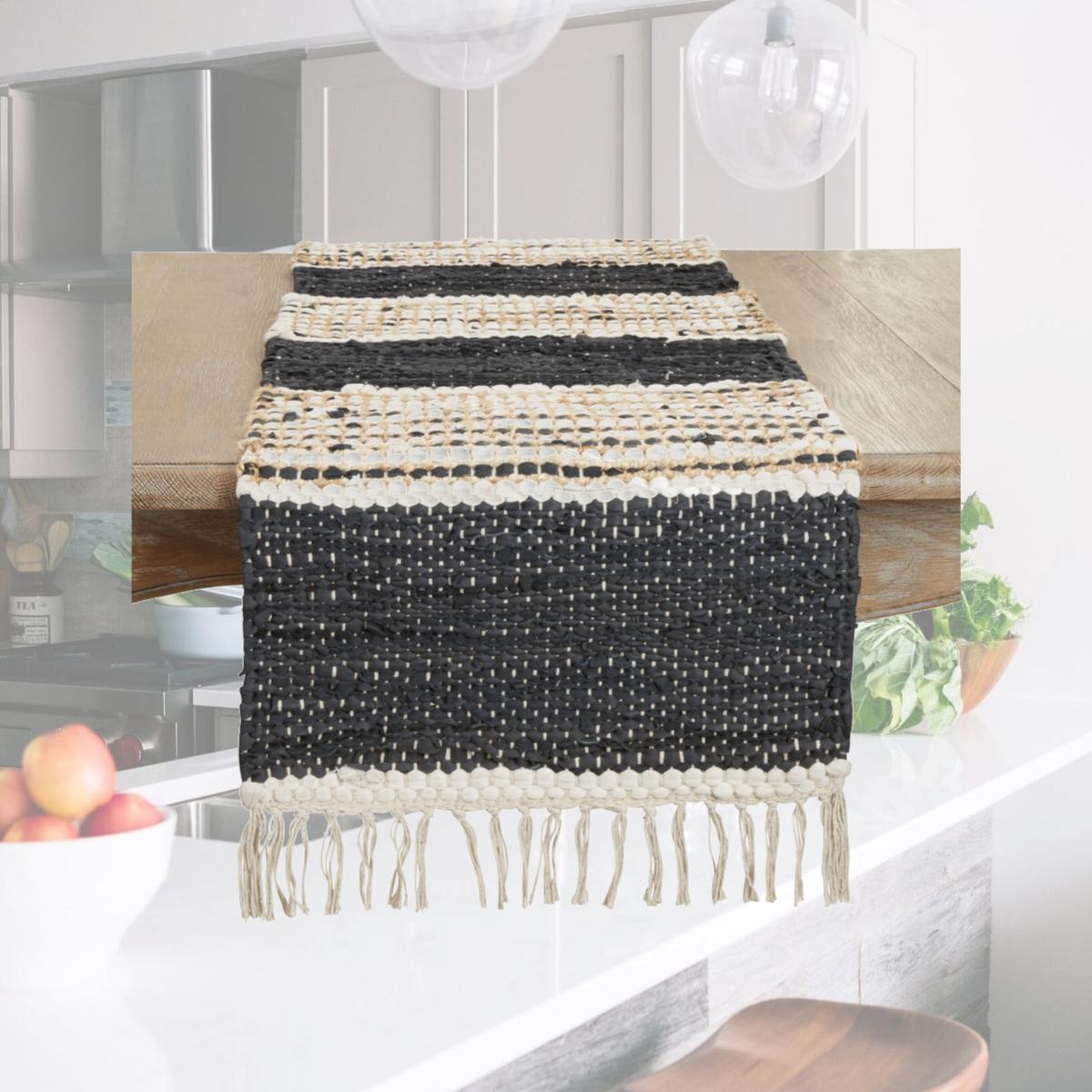 Picture of Saro Lifestyle 879.BN1672B 16 x 72 in. Boho Leather Chindi Fringed Table Runner, Black & Natural