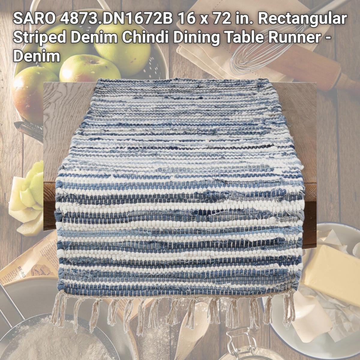 Picture of SARO 4873.DN1672B 16 x 72 in. Rectangular Striped Denim Chindi Dining Table Runner - Denim