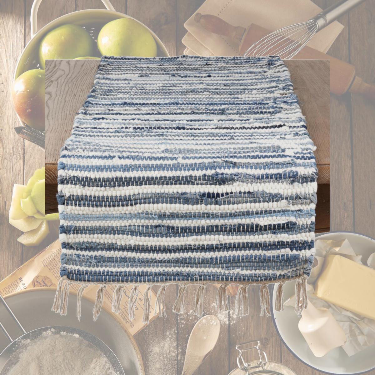 Picture of SARO 4873.DN1672B 16 x 72 in. Rectangular Striped Denim Chindi Dining Table Runner - Denim