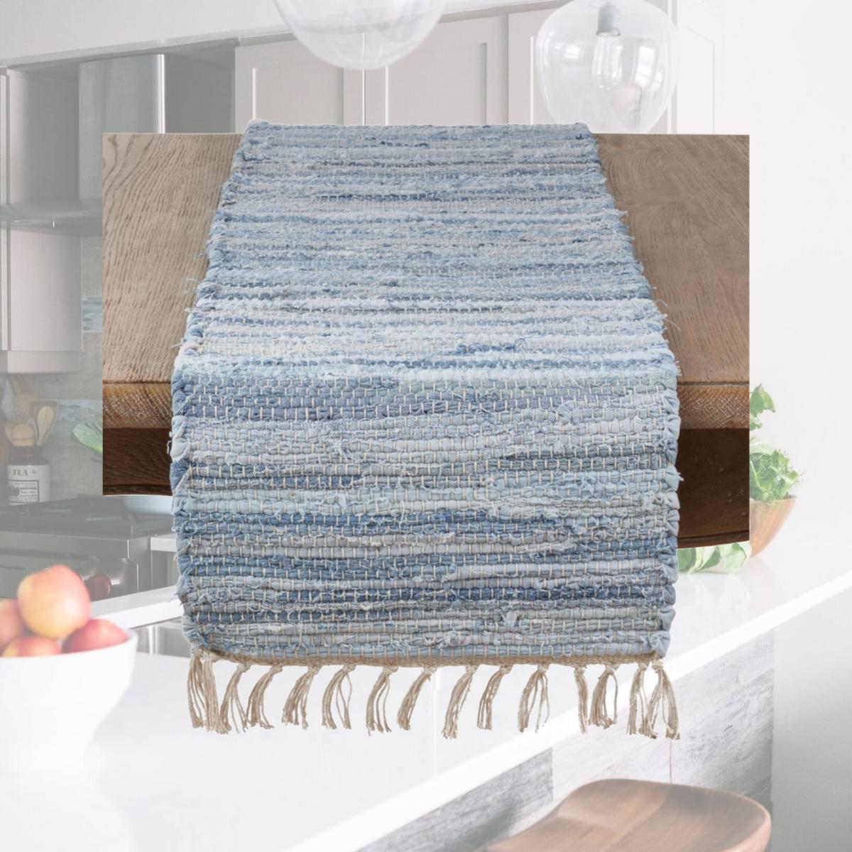 Picture of SARO 919.DN1672B 16 x 72 in. Rectangular Long Table Runner with Chindi Woven Design - Denim