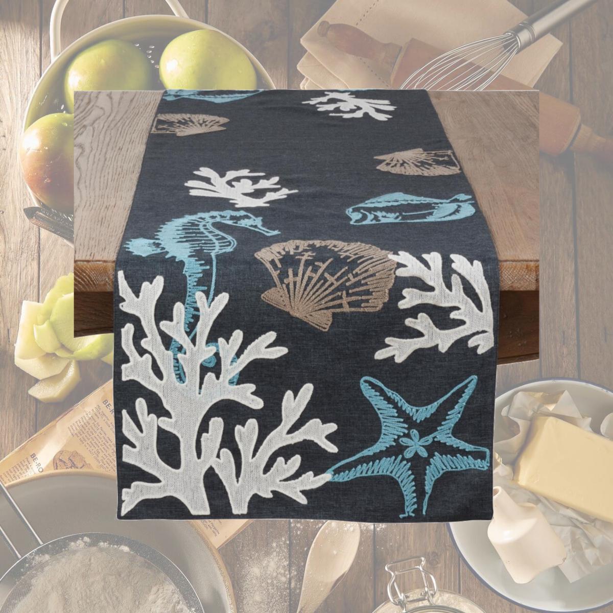 Picture of SARO 819.NB1670B 16 x 70 in. Rectangular Sea life Print Table Runner - Blue