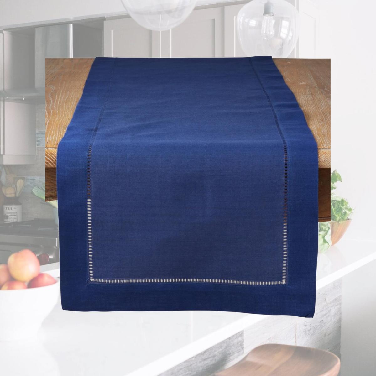 Picture of SARO 6306.NB1690B 16 x 90 in. Rectangular Classic Hemstitch Border Table Runner - Navy Blue