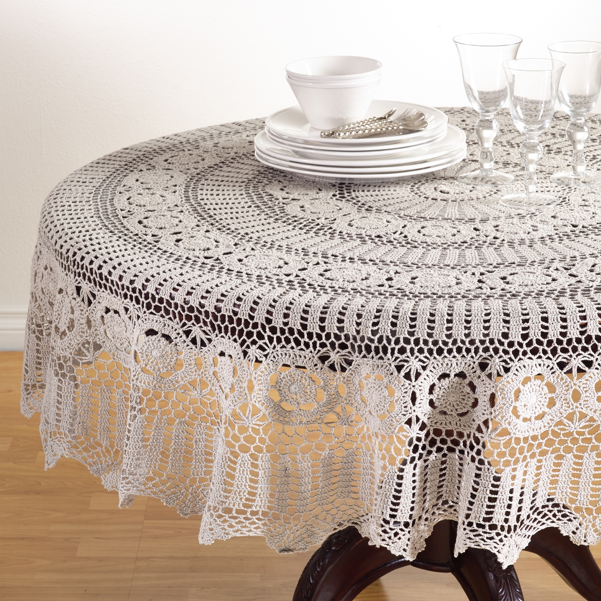 869.gy72r 72 In. Round Handmade Crochet Cotton Lace Table Linens - Grey