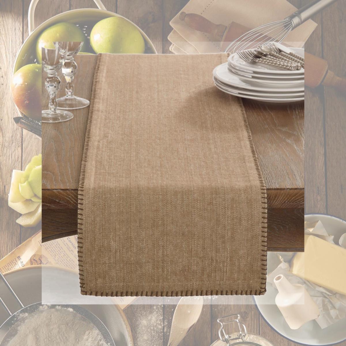 Picture of SARO 793.N1372B 13 x 72 in. Rectangular Celena Collection Whip Stitched Design Cotton Table Runner - Natural
