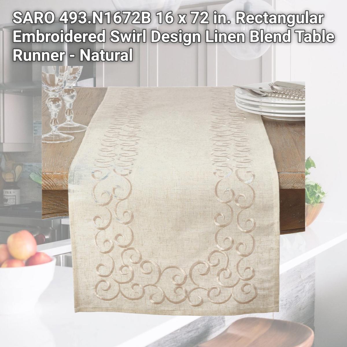 Picture of SARO 493.N1672B 16 x 72 in. Rectangular Embroidered Swirl Design Linen Blend Table Runner - Natural