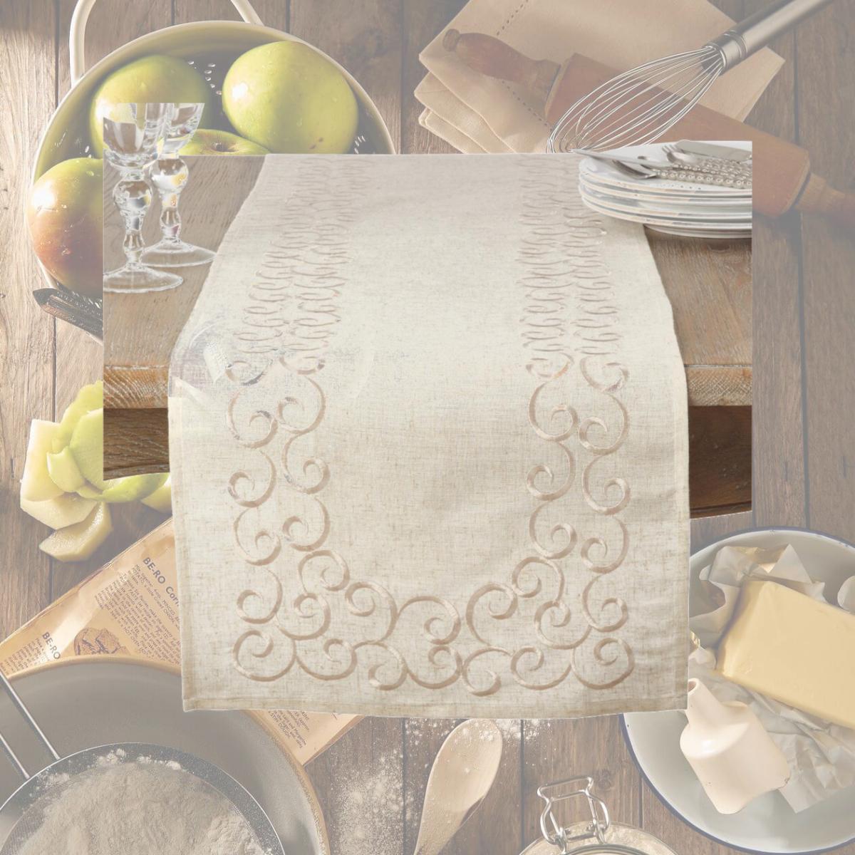 Picture of SARO 493.N1672B 16 x 72 in. Rectangular Embroidered Swirl Design Linen Blend Table Runner - Natural