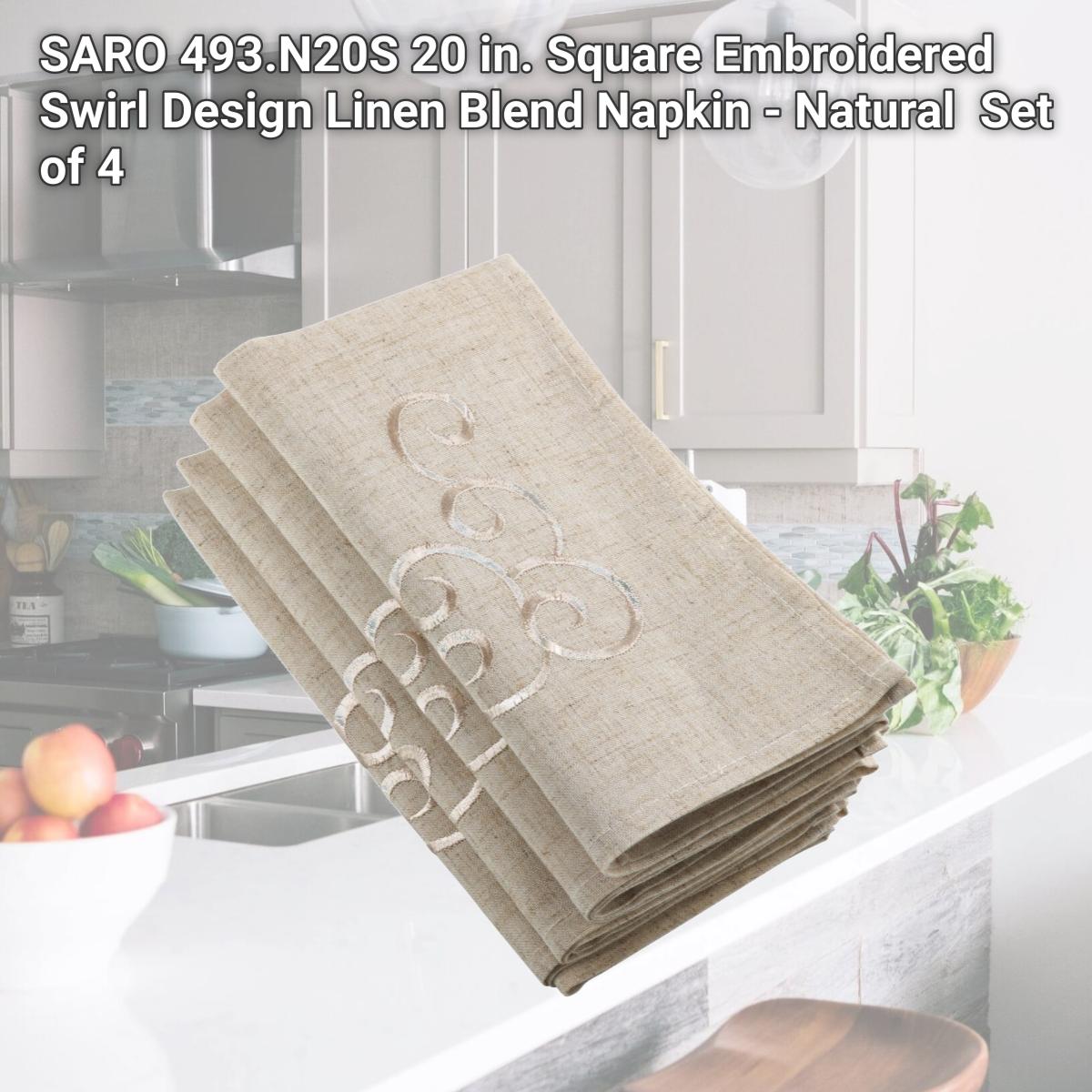 Picture of SARO 493.N20S 20 in. Square Embroidered Swirl Design Linen Blend Napkin - Natural  Set of 4