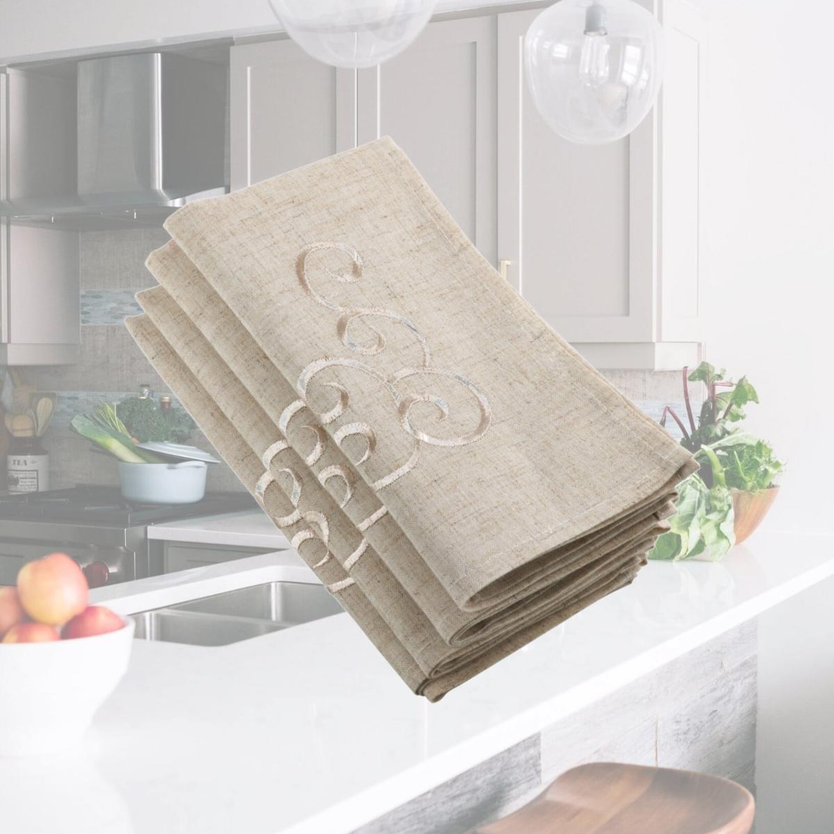 Picture of SARO 493.N20S 20 in. Square Embroidered Swirl Design Linen Blend Napkin - Natural  Set of 4