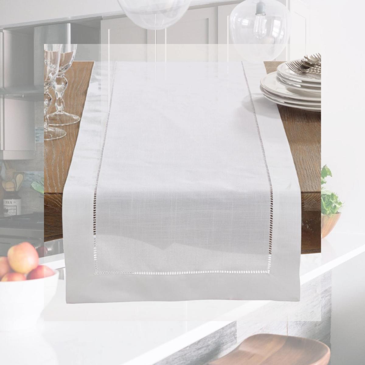 Picture of SARO 6300.W1690B 16 x 90 in. Rectangle Classic Hemstitch Border Table Runner  White