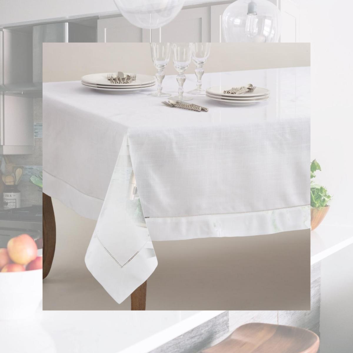 Picture of SARO 6300.W70104B 70 x 104 in. Rectangle Classic Hemstitch Border Tablecloth  White