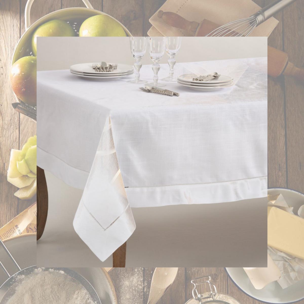 Picture of SARO 6300.W70180B 70 x 180 in. Rectangle Classic Hemstitch Border Tablecloth  White