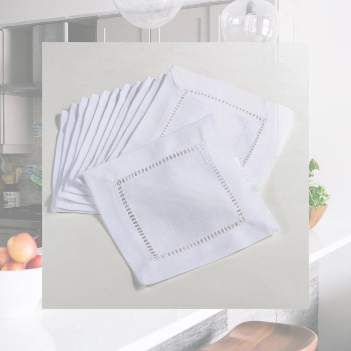 Picture of SARO 6300.W6S 6 in. Square Classic Hemstitch Border Cocktail Napkin  White - Set of 12