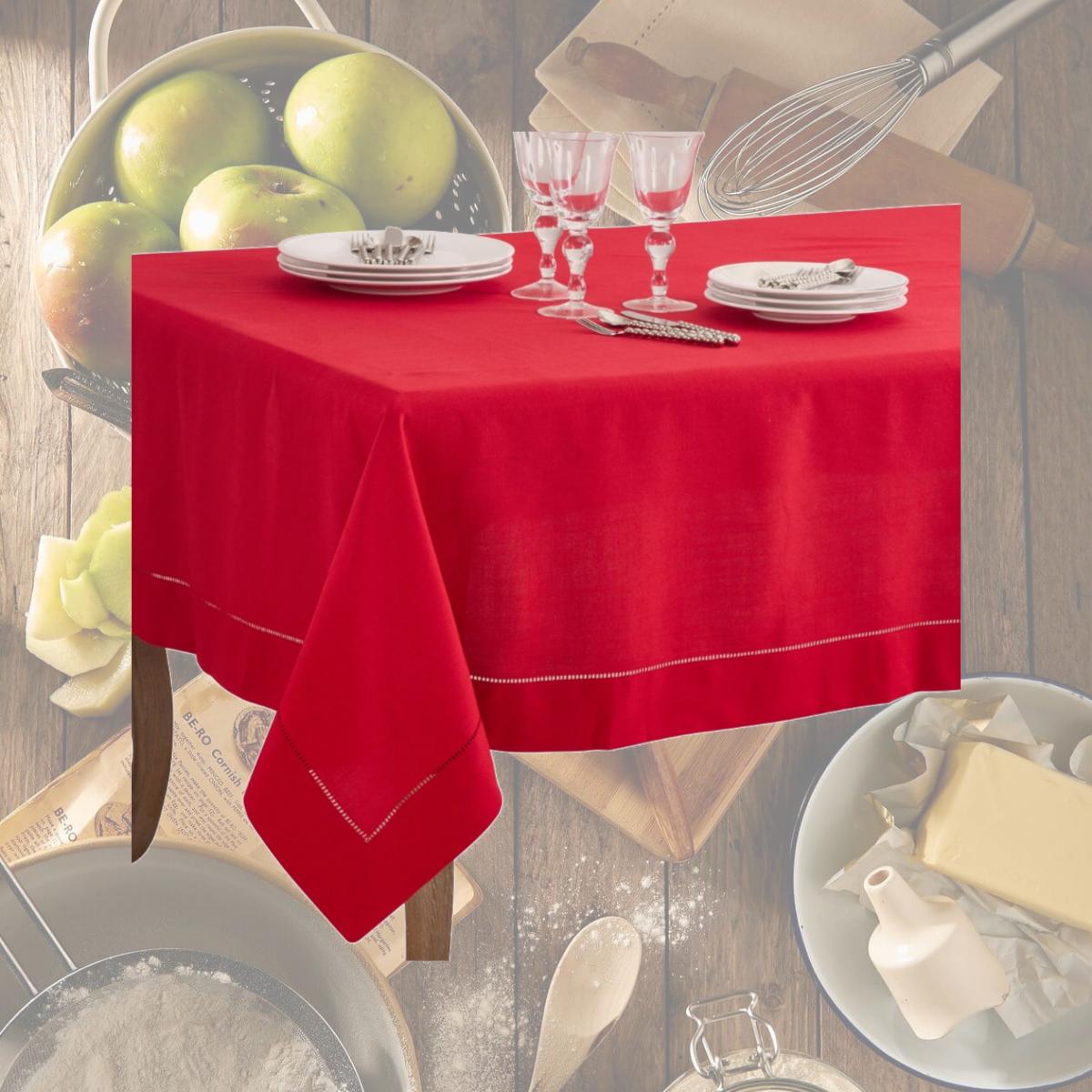 Picture of SARO 6301.R70104B 70 x 104 in. Rectangle Classic Hemstitch Border Tablecloth  Red