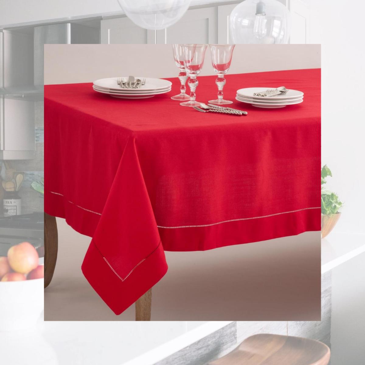 Picture of SARO 6301.R70120B 70 x 120 in. Rectangle Classic Hemstitch Border Tablecloth  Red