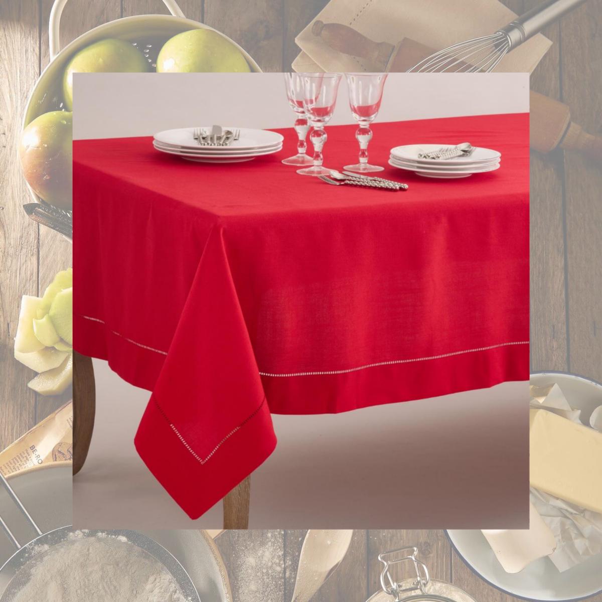 Picture of SARO 6301.R70140B 70 x 140 in. Rectangle Classic Hemstitch Border Tablecloth  Red