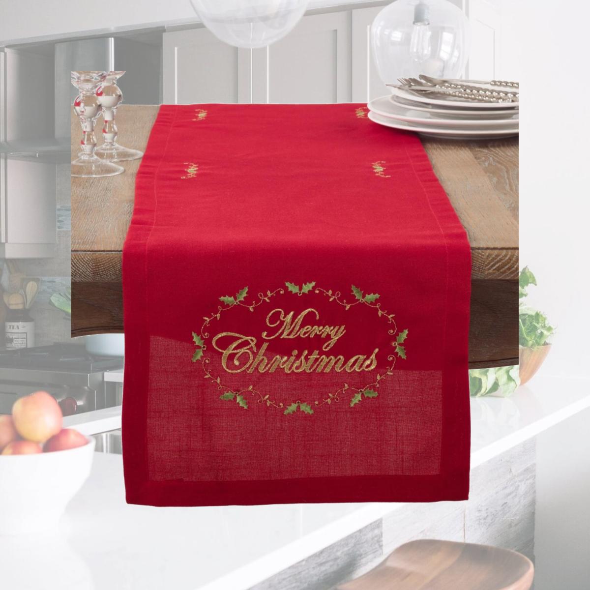 Picture of SARO 0141.R1472B Merry Christmas Embroidered Holly Design Table Runner - Red