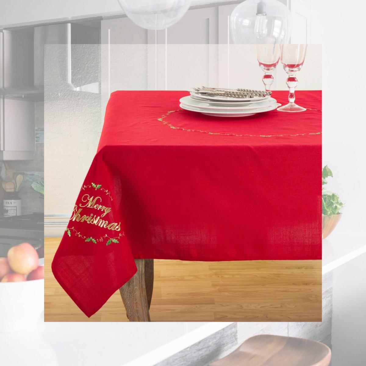 Picture of SARO 0141.R54S Merry Christmas Embroidered Design Holiday Tablecloth - Red