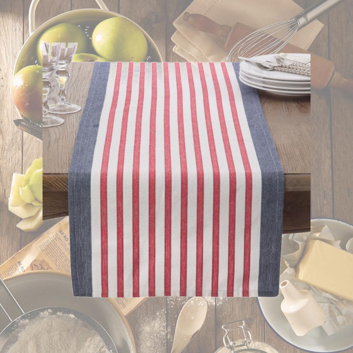 Picture of SARO 8027.NB1672B 16 x 72 in. Rectangle American Flag USA Red White &amp; Blue Stripe Cotton Table Runner  Navy Blue