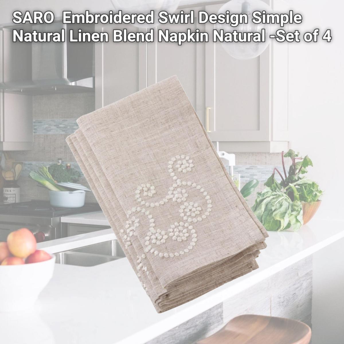 Picture of SARO 001.N20S Embroidered Swirl Design Simple Natural Linen Blend Napkin  Natural -Set of 4