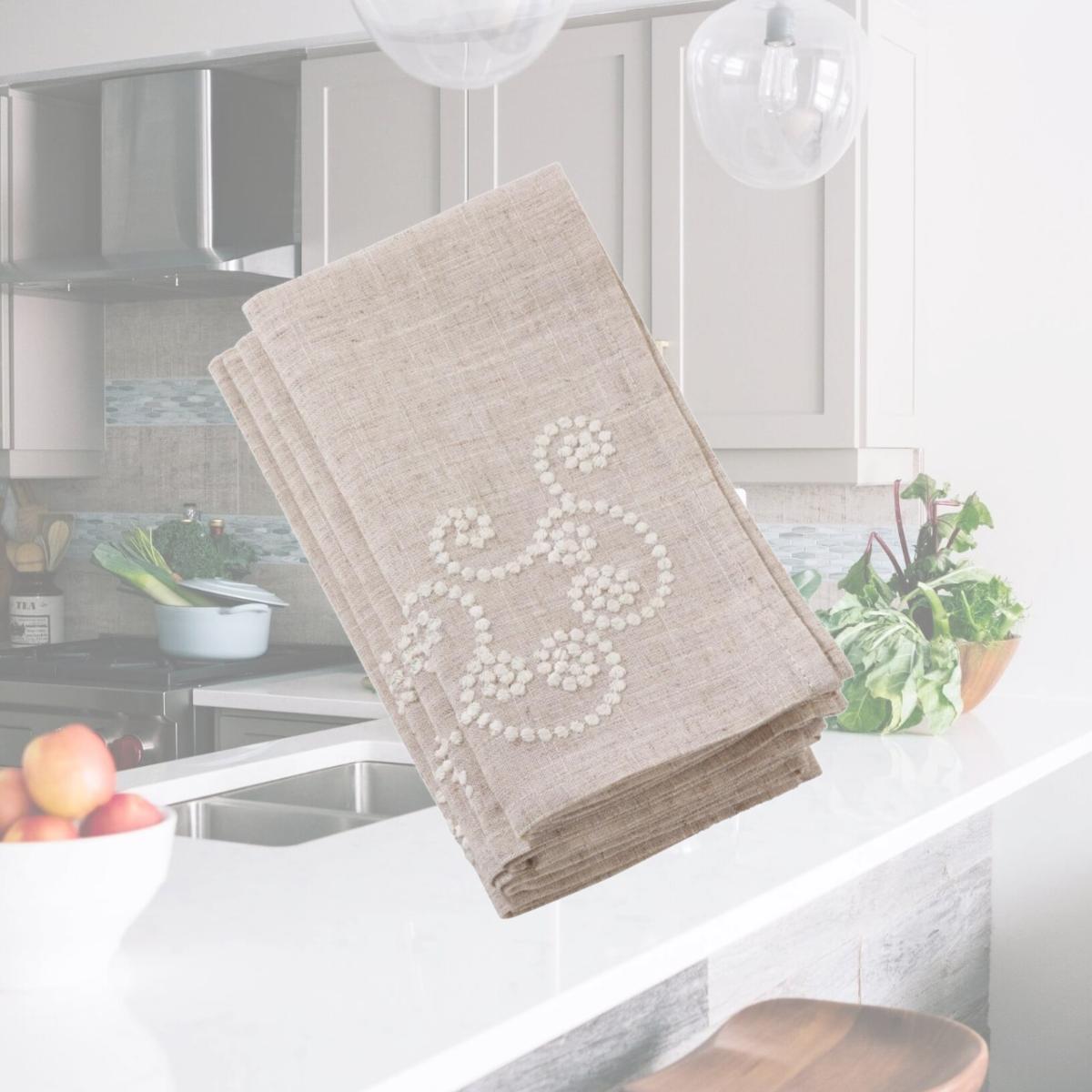 Picture of SARO 001.N20S Embroidered Swirl Design Simple Natural Linen Blend Napkin  Natural -Set of 4