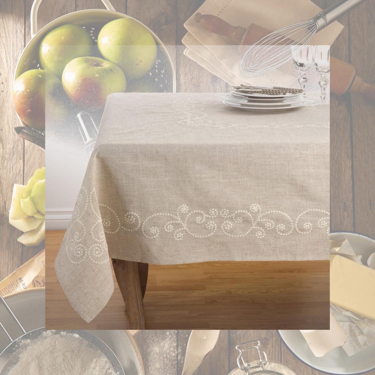 Picture of SARO 001.N67S 67 in. Embroidered Swirl Design Simple Natural Linen Blend Tablecloth - Natural