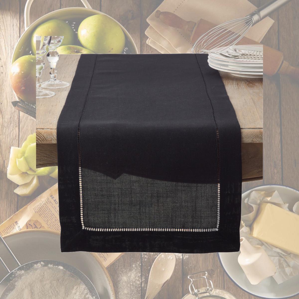 Picture of SARO 6304.BK1690B 16 x 90 in. Rectangle Classic Hemstitch Border Table Runner  Black
