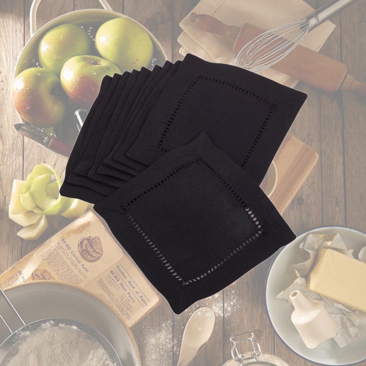 Picture of SARO 6304.BK6S 6 in. Square Classic Hemstitch Border Cocktail Napkin  Black - Set of 12