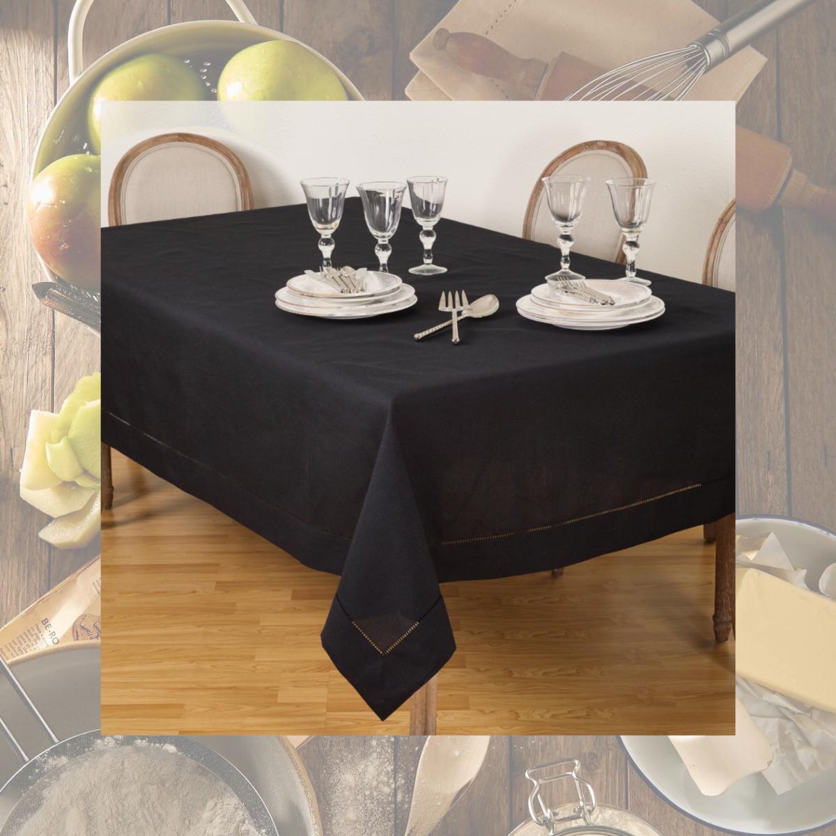 Picture of SARO 6304.BK70104B 70 x 104 in. Rectangle Classic Hemstitch Border Tablecloth  Black