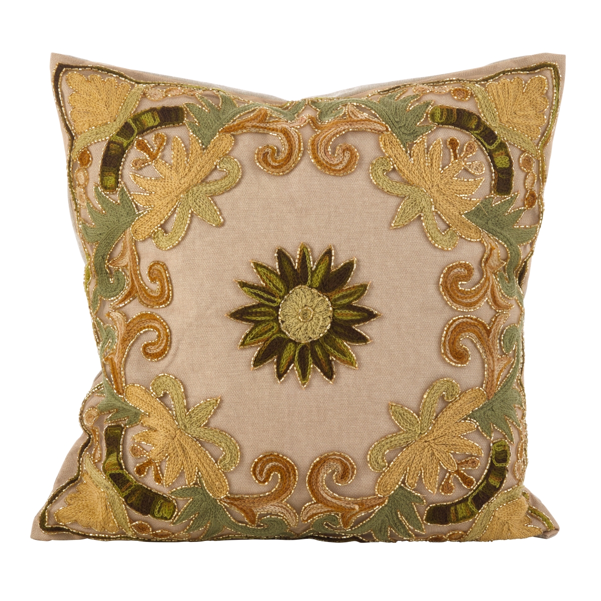 An02.g18s 18 In. Square Embroidered Floral Design Beaded Cotton Poly Filled Throw Pillow, Green