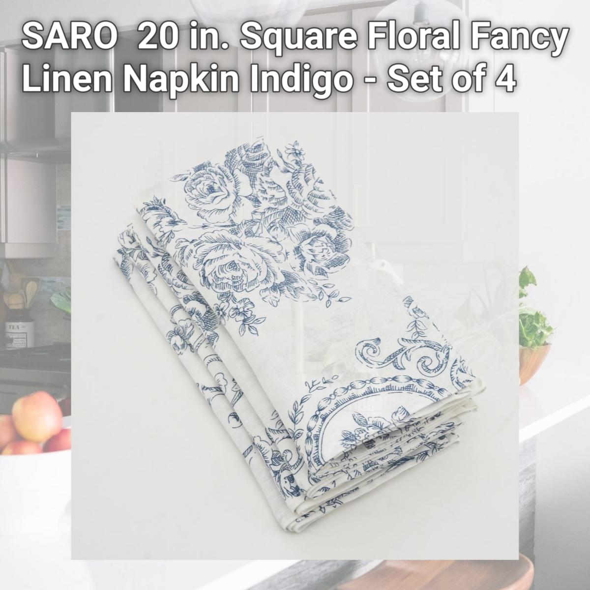 Picture of SARO 1162.IN20S 20 in. Square Floral Fancy Linen Napkin  Indigo - Set of 4