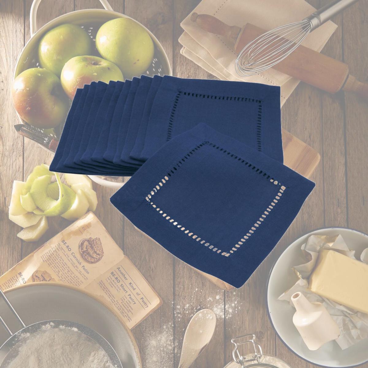 Picture of SARO 6306.NB6S Cocktail Napkin with Hemstitch Border Design  Navy Blue - Set of 12