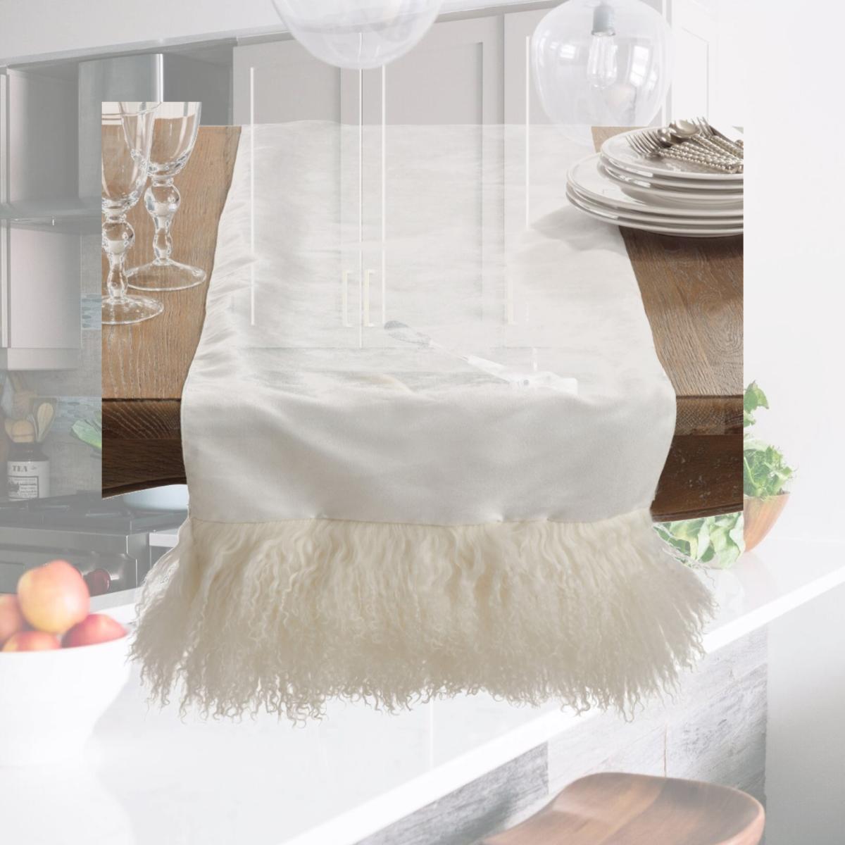 Picture of SARO 3563.I1672B Mongolian Lamb Fur Table Runner - Ivory