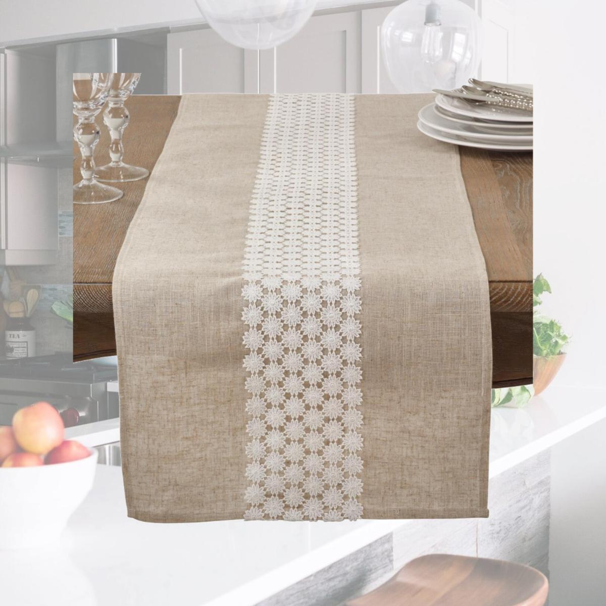 Picture of SARO 2713.N1672B Daisy Lace Design Country Linen Blend Table Runner - Natural