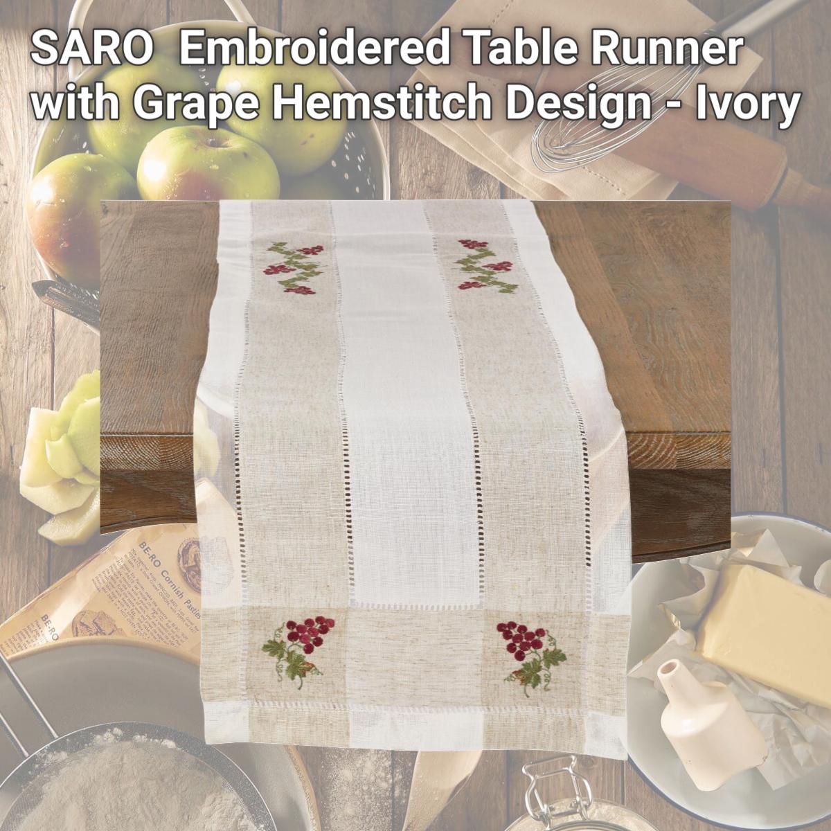 Picture of SARO 2230.I1570B Embroidered Table Runner with Grape Hemstitch Design - Ivory