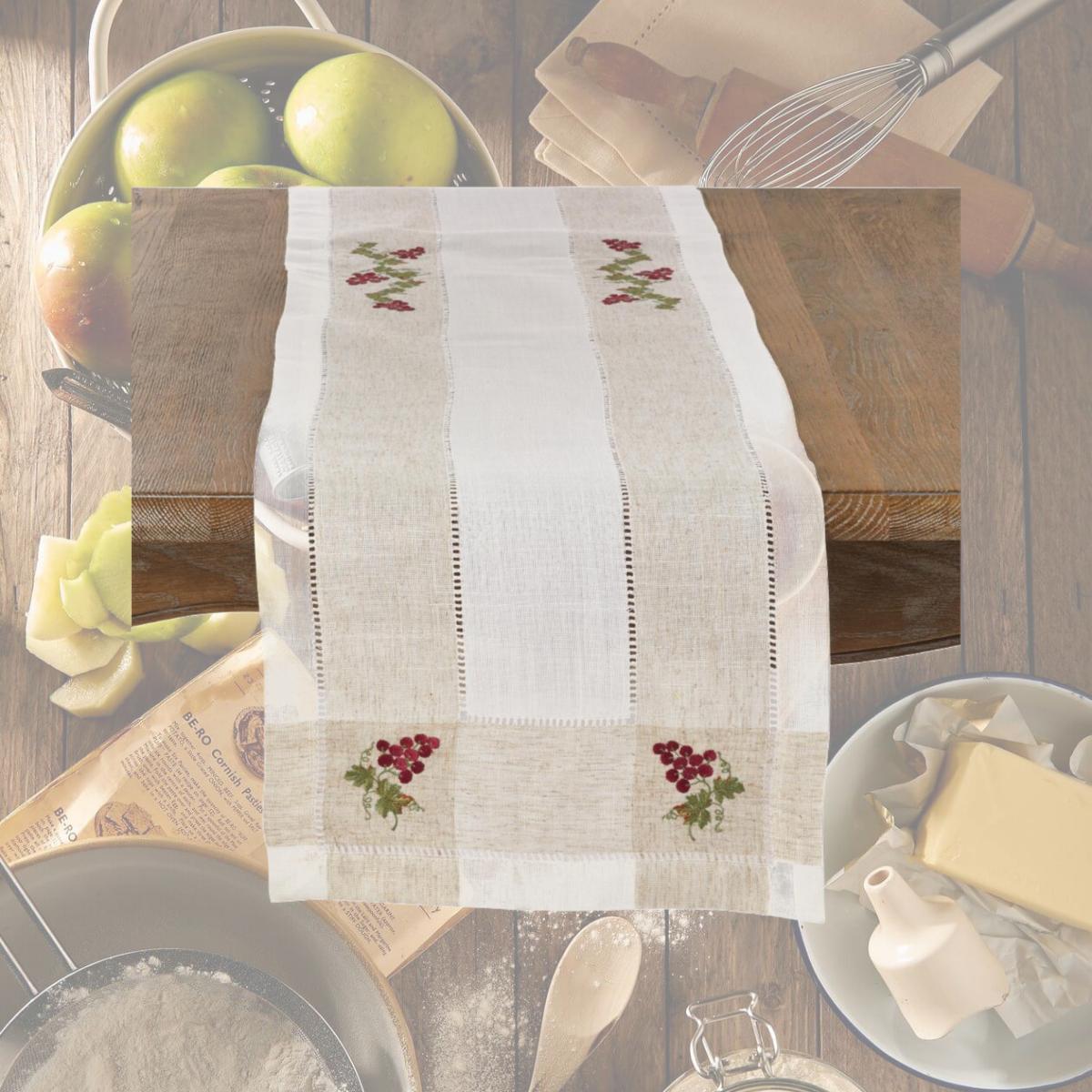 Picture of SARO 2230.I1570B Embroidered Table Runner with Grape Hemstitch Design - Ivory