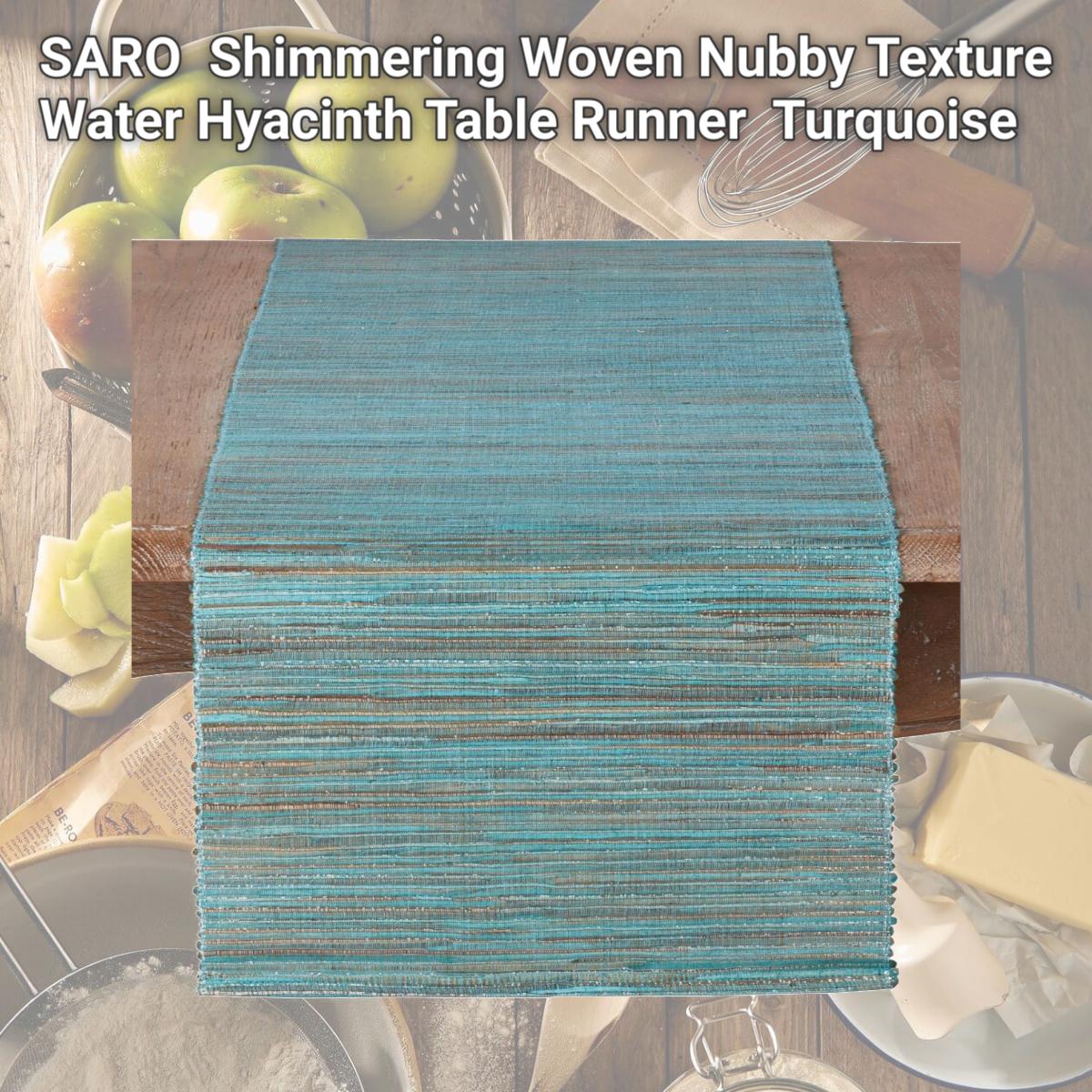 Picture of SARO 217.TQ1672B Shimmering Woven Nubby Texture Water Hyacinth Table Runner  Turquoise