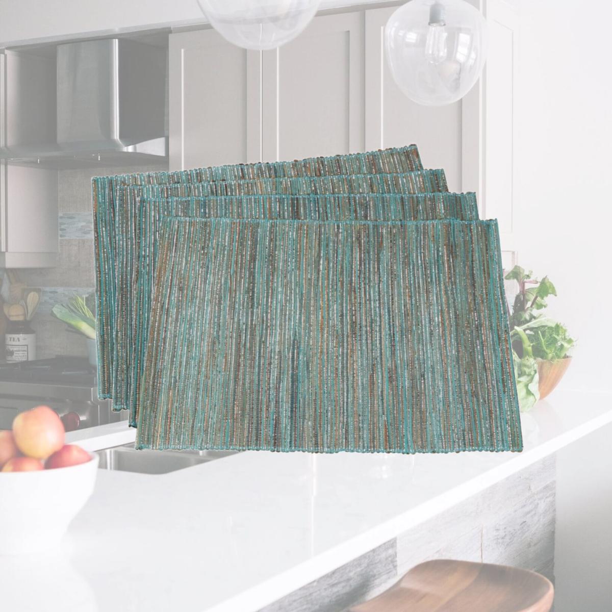 Picture of SARO 217.TQ1420B Shimmering Woven Nubby Water Hyacinth Placemat  Turquoise - Set of 4
