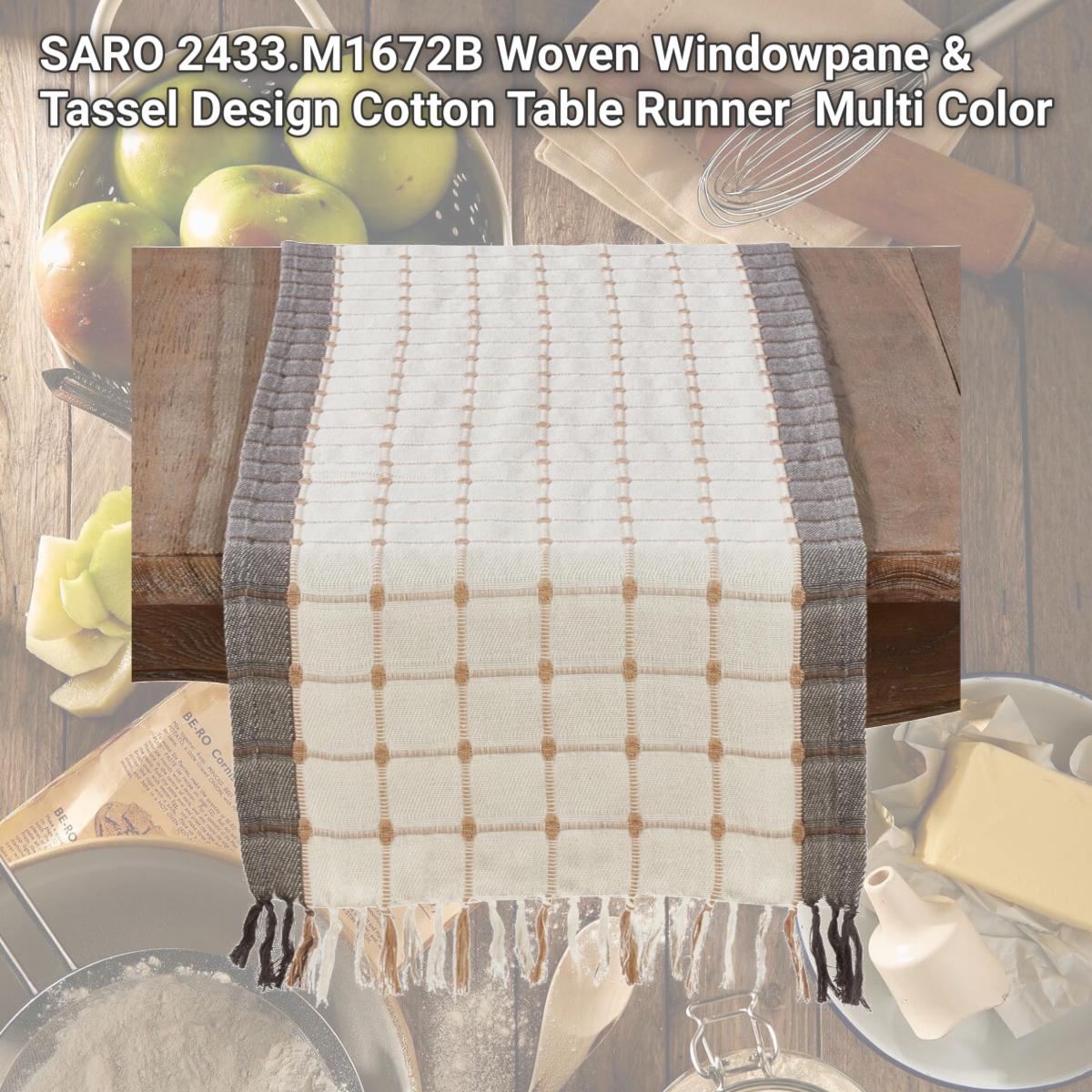 Picture of SARO 2433.M1672B Woven Windowpane &amp; Tassel Design Cotton Table Runner  Multi Color