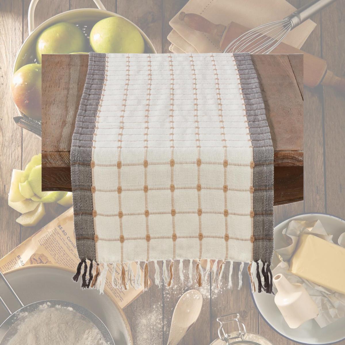 Picture of SARO 2433.M1672B Woven Windowpane &amp; Tassel Design Cotton Table Runner  Multi Color