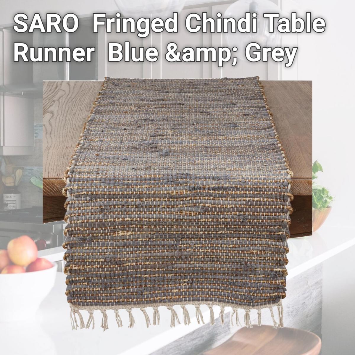 Picture of SARO 2891.BG1672B Fringed Chindi Table Runner  Blue &amp; Grey