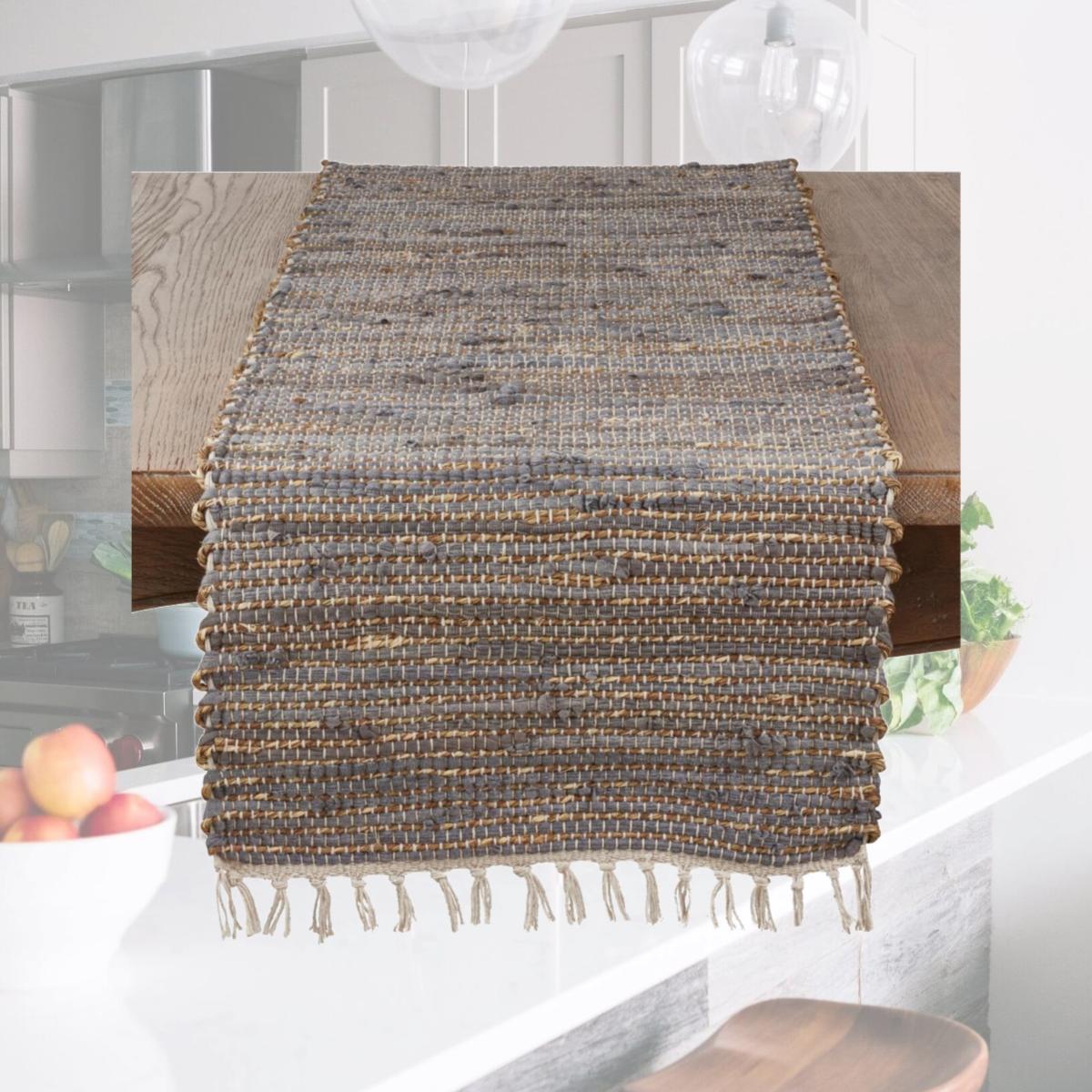 Picture of SARO 2891.BG1672B Fringed Chindi Table Runner  Blue &amp; Grey