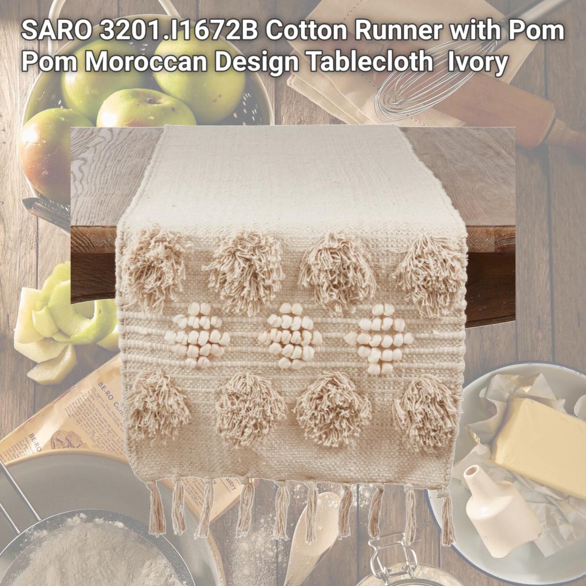 Picture of SARO 3201.I1672B Cotton Runner with Pom Pom Moroccan Design Tablecloth  Ivory