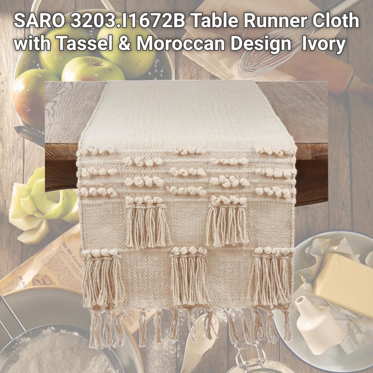 Picture of SARO 3203.I1672B Table Runner Cloth with Tassel &amp; Moroccan Design  Ivory